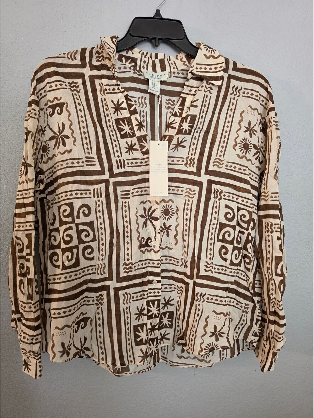 Calypso St. Barth XL Brown and Cream Cotton Blouse
